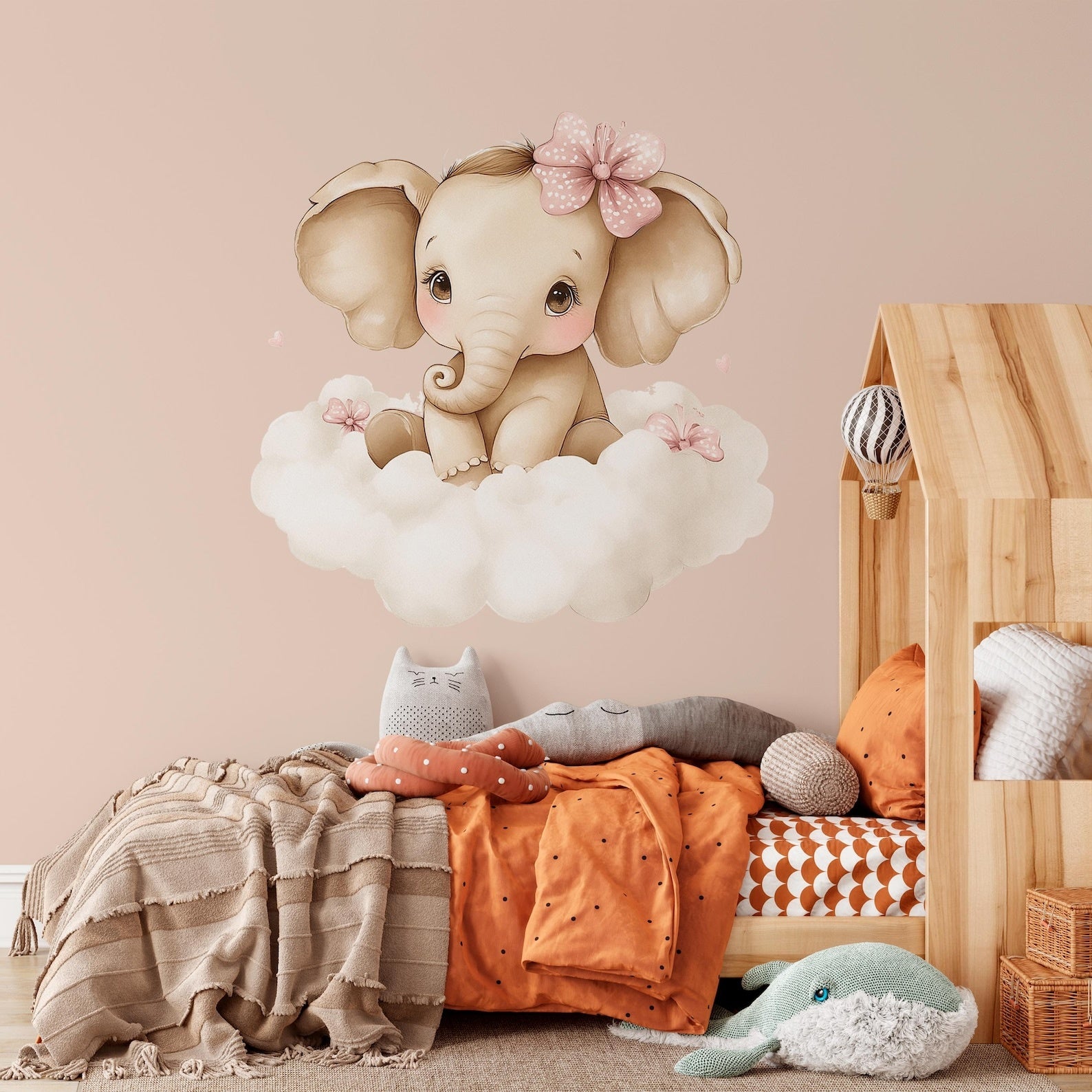 Vinilos decorativos Adhesivos infantiles de Pared elefante Bebé rosado en nube