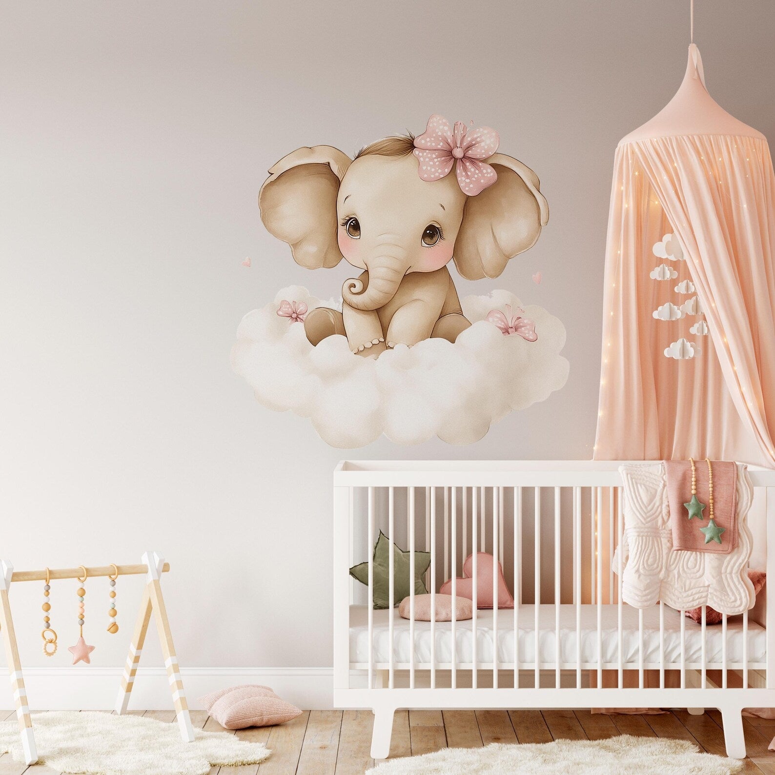 Vinilos decorativos Adhesivos infantiles de Pared elefante Bebé rosado en nube