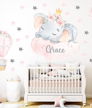 Vinilos decorativos Adhesivos infantiles de Pared elefante Bebé rosado en nube con globos aerostaticos