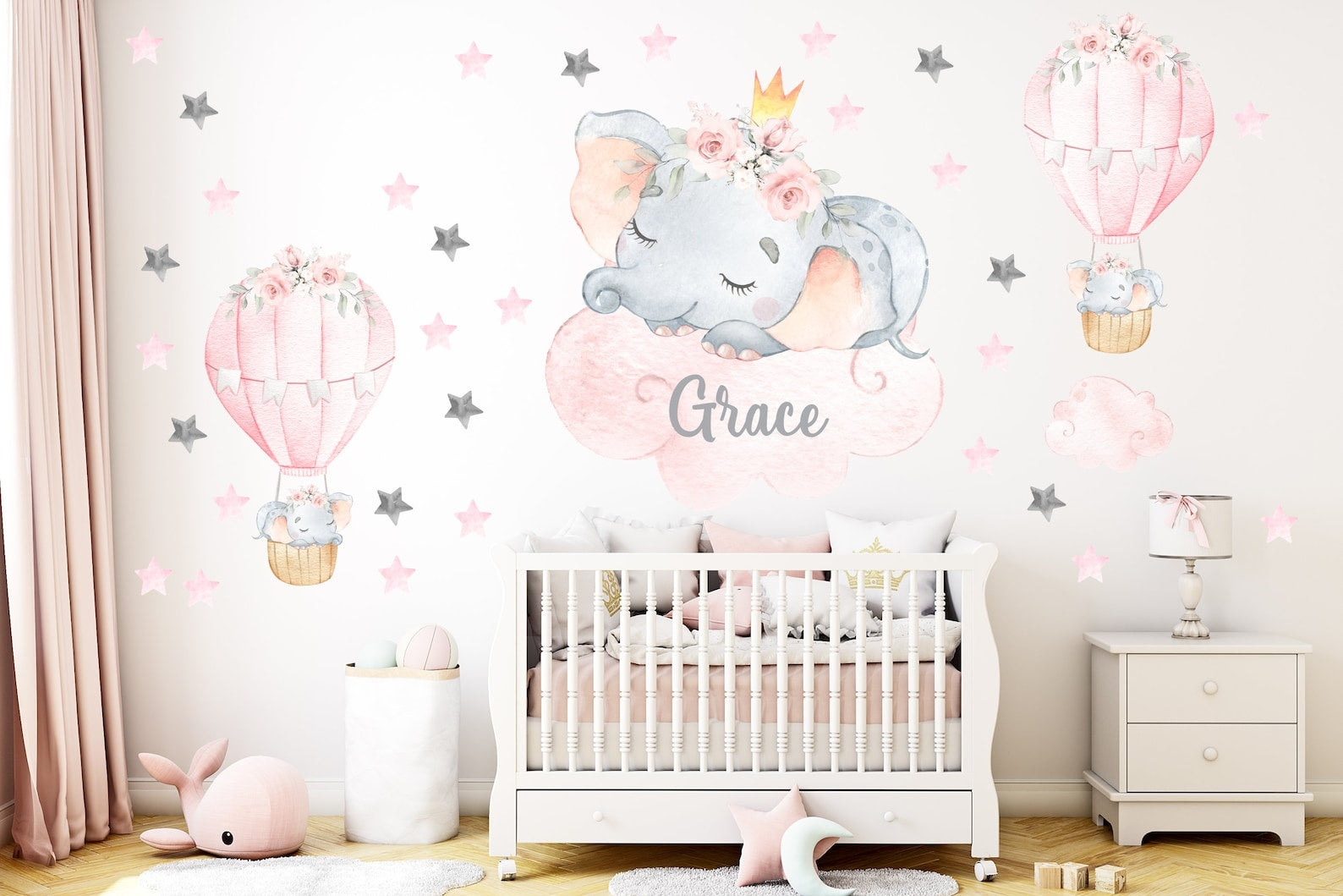 Vinilos decorativos Adhesivos infantiles de Pared elefante Bebé rosado en nube con globos aerostaticos