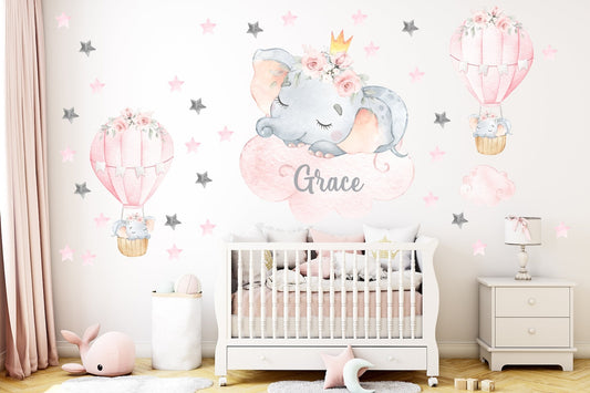 Vinilos decorativos Adhesivos infantiles de Pared elefante Bebé rosado en nube con globos aerostaticos