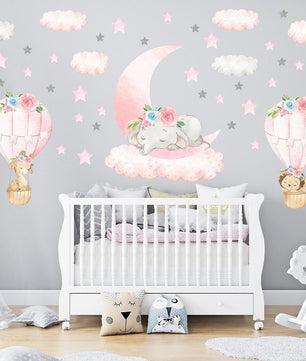 Vinilos decorativos Adhesivos infantiles de Pared elefante Bebé rosado en nube con animales en globos