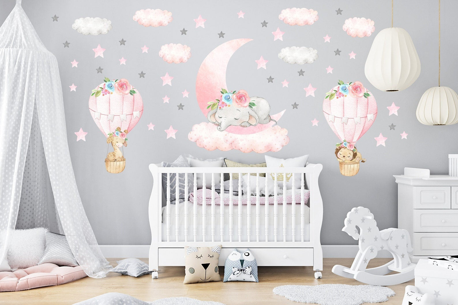 Vinilos decorativos Adhesivos infantiles de Pared elefante Bebé rosado en nube con animales en globos