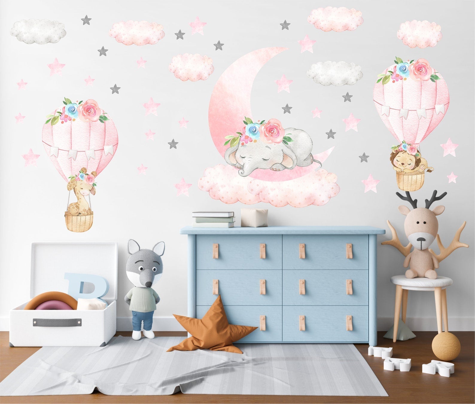 Vinilos decorativos Adhesivos infantiles de Pared elefante Bebé rosado en nube con animales en globos