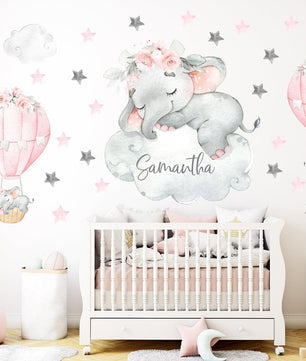 Vinilos decorativos Adhesivos infantiles de Pared elefante Bebé rosado en nube con globos y nombre