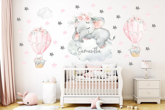 Vinilos decorativos Adhesivos infantiles de Pared elefante Bebé rosado en nube con globos y nombre