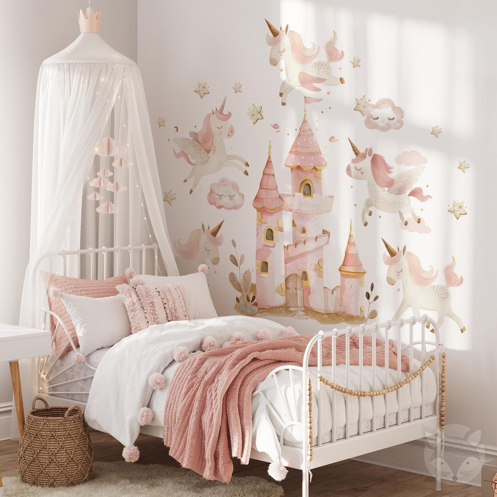 Vinilos decorativos Adhesivos infantiles de Pared princesas castillo con unicornios rosados