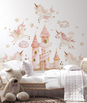 Vinilos decorativos Adhesivos infantiles de Pared princesas castillo con unicornios rosados