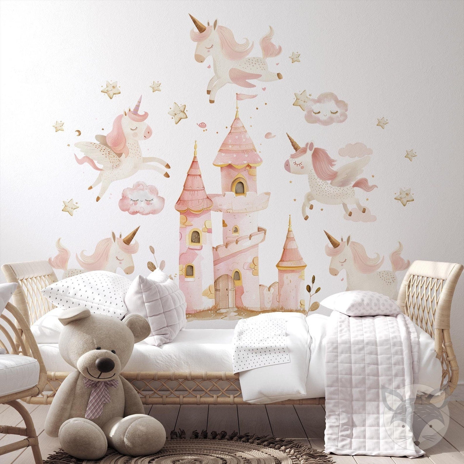 Vinilos decorativos Adhesivos infantiles de Pared princesas castillo con unicornios rosados