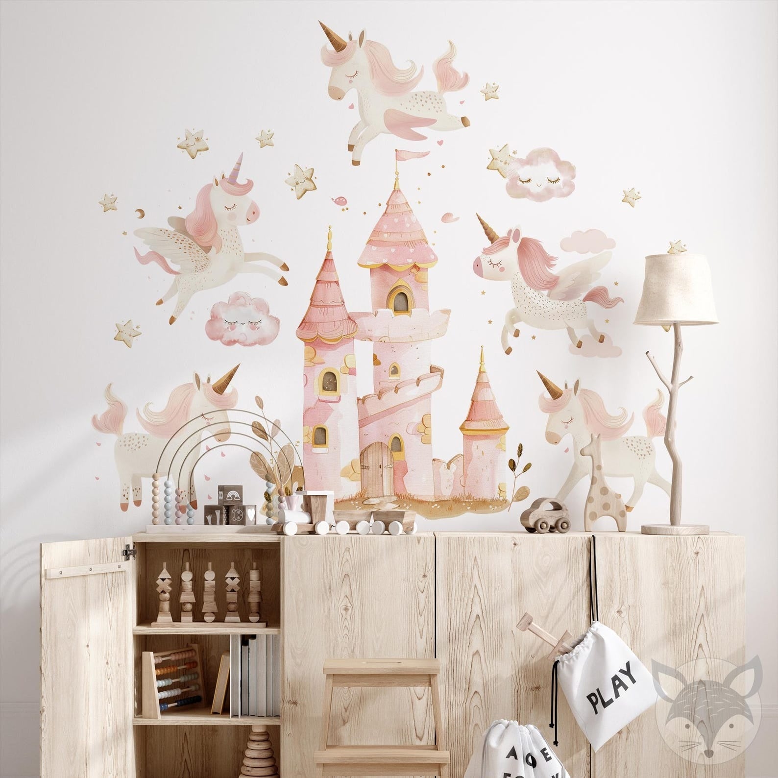 Vinilos decorativos Adhesivos infantiles de Pared princesas castillo con unicornios rosados
