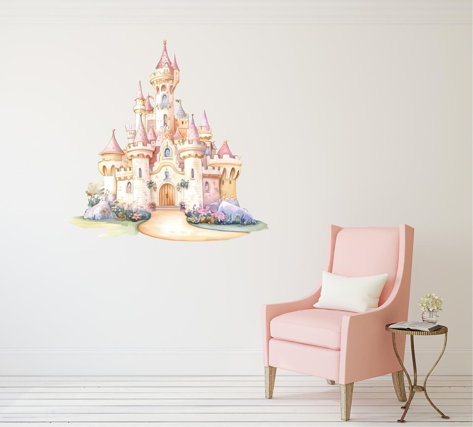 Vinilos decorativos Adhesivos infantiles de Pared princesas castillo con jardin acuarela