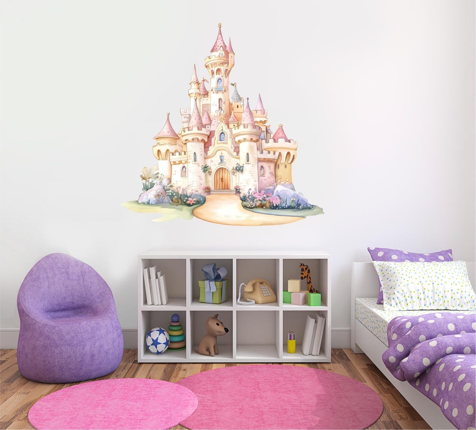 Vinilos decorativos Adhesivos infantiles de Pared princesas castillo con jardin acuarela