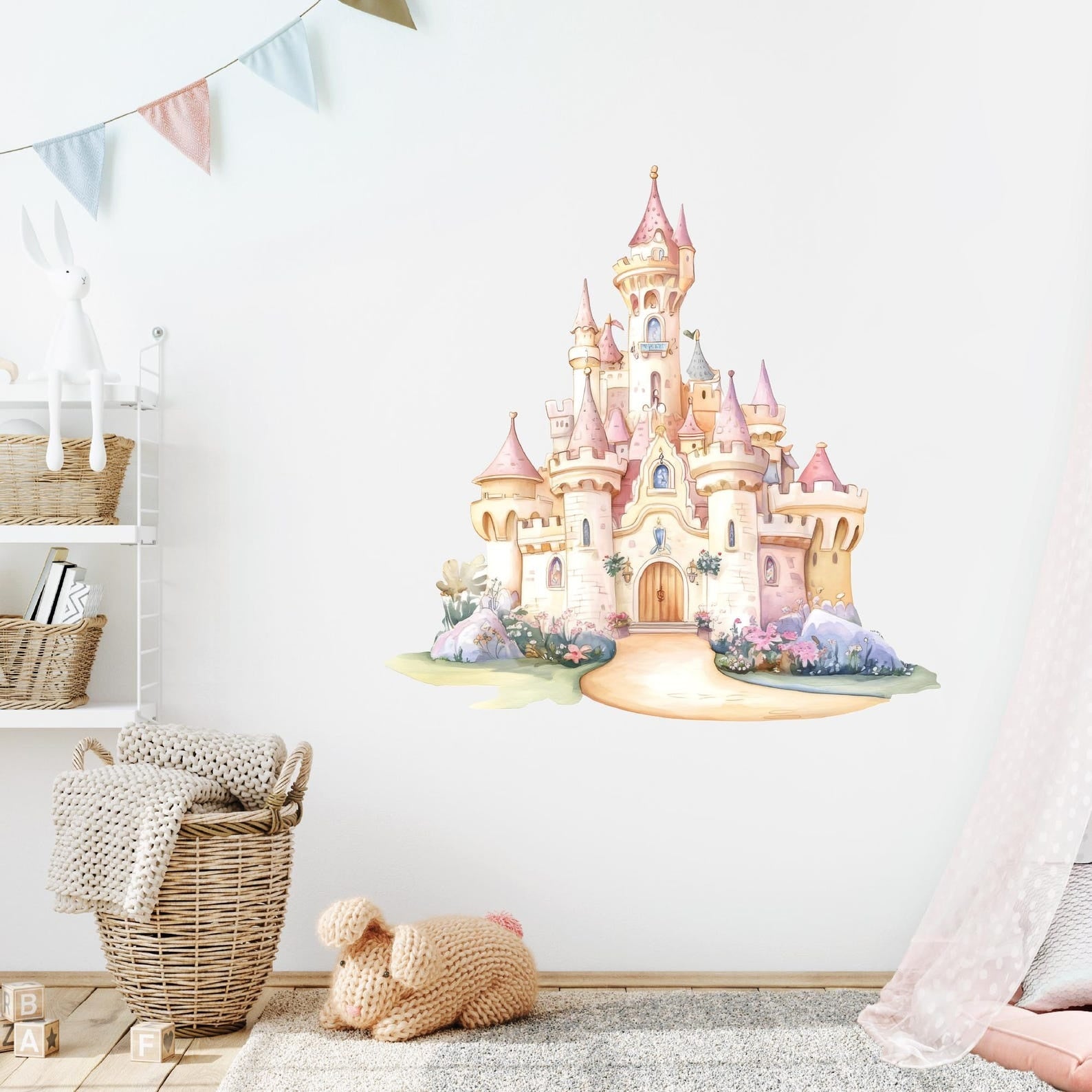 Vinilos decorativos Adhesivos infantiles de Pared princesas castillo con jardin acuarela
