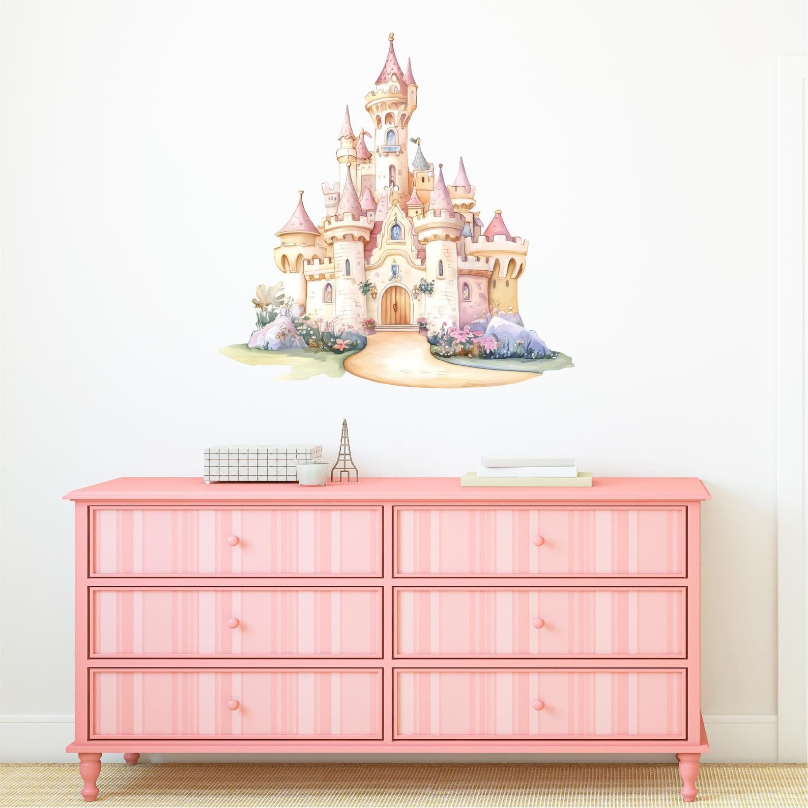 Vinilos decorativos Adhesivos infantiles de Pared princesas castillo con jardin acuarela
