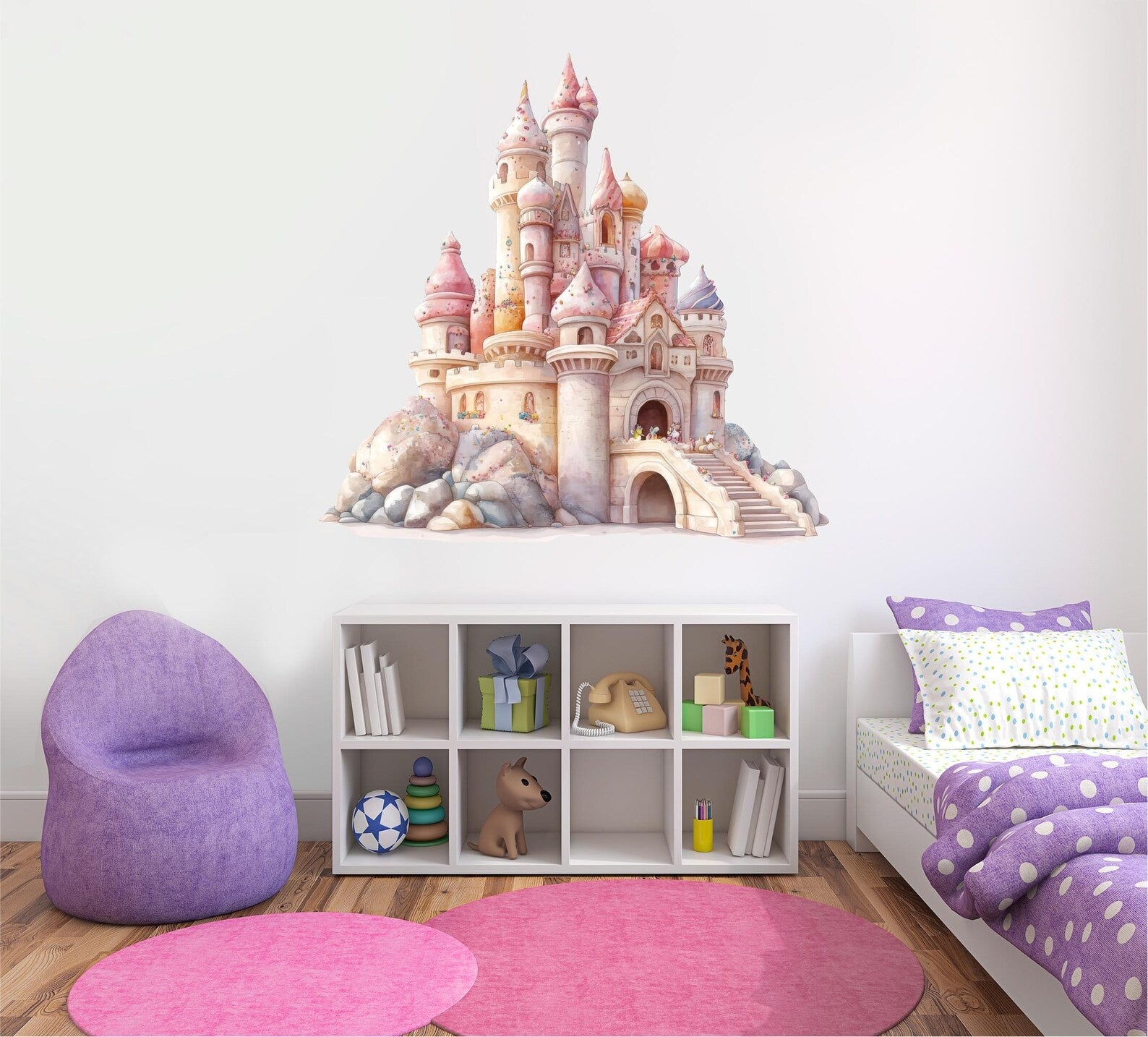Vinilos decorativos Adhesivos infantiles de Pared princesas castillo en colina rosado