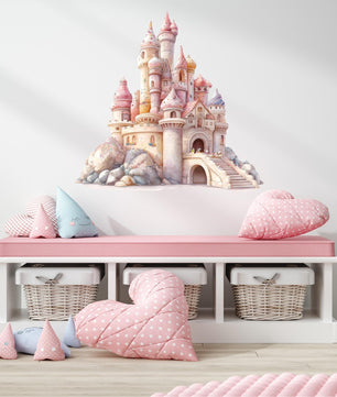 Vinilos decorativos Adhesivos infantiles de Pared princesas castillo en colina rosado