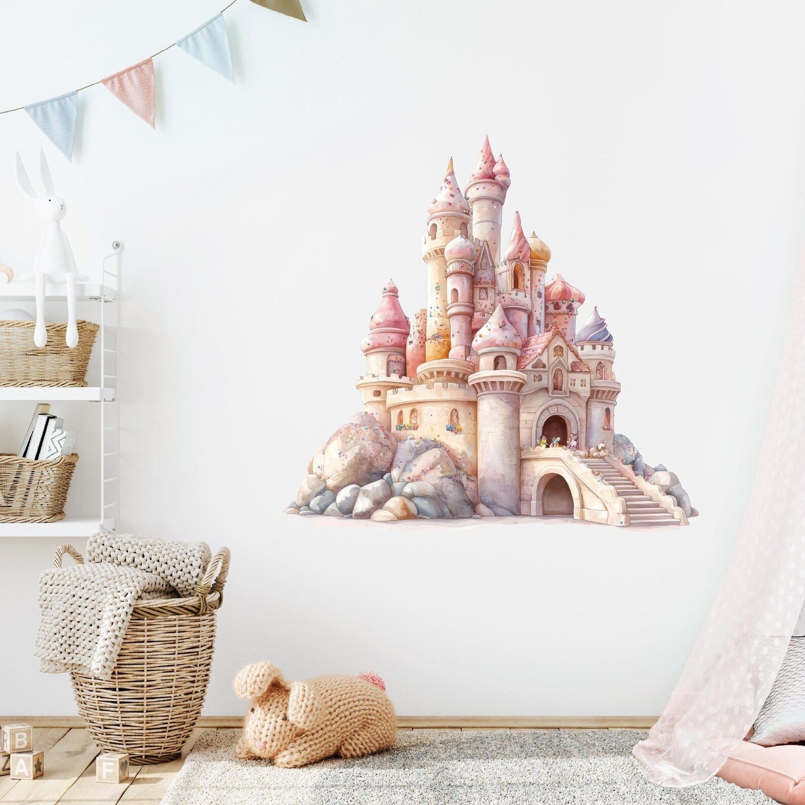 Vinilos decorativos Adhesivos infantiles de Pared princesas castillo en colina rosado