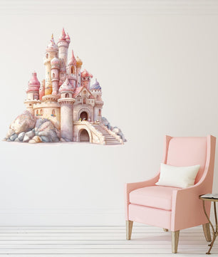 Vinilos decorativos Adhesivos infantiles de Pared princesas castillo en colina rosado