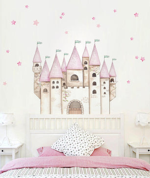 Vinilos decorativos Adhesivos infantiles de Pared princesas castillo con estrellas rosado