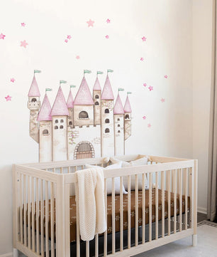Vinilos decorativos Adhesivos infantiles de Pared princesas castillo con estrellas rosado