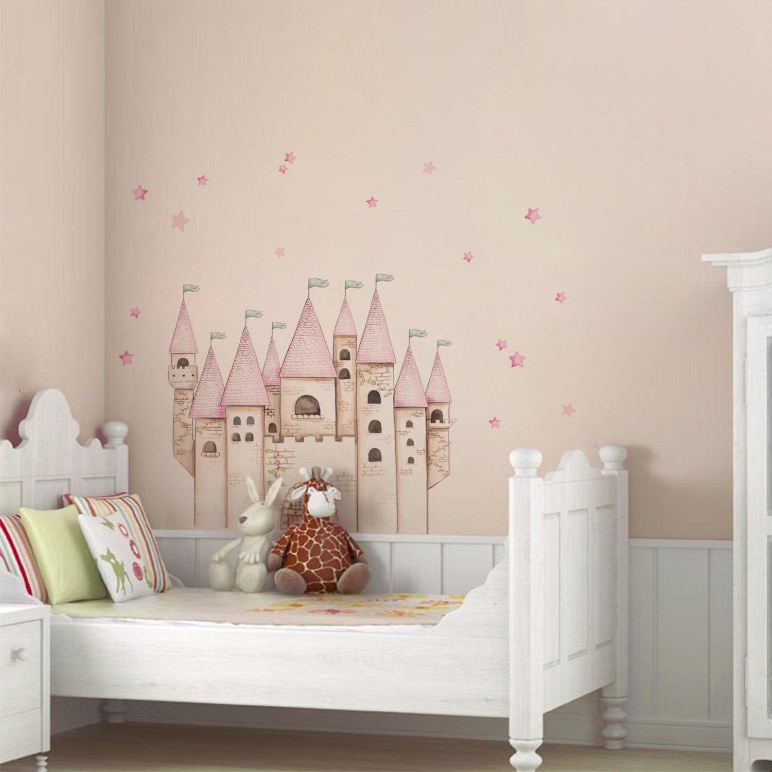 Vinilos decorativos Adhesivos infantiles de Pared princesas castillo con estrellas rosado