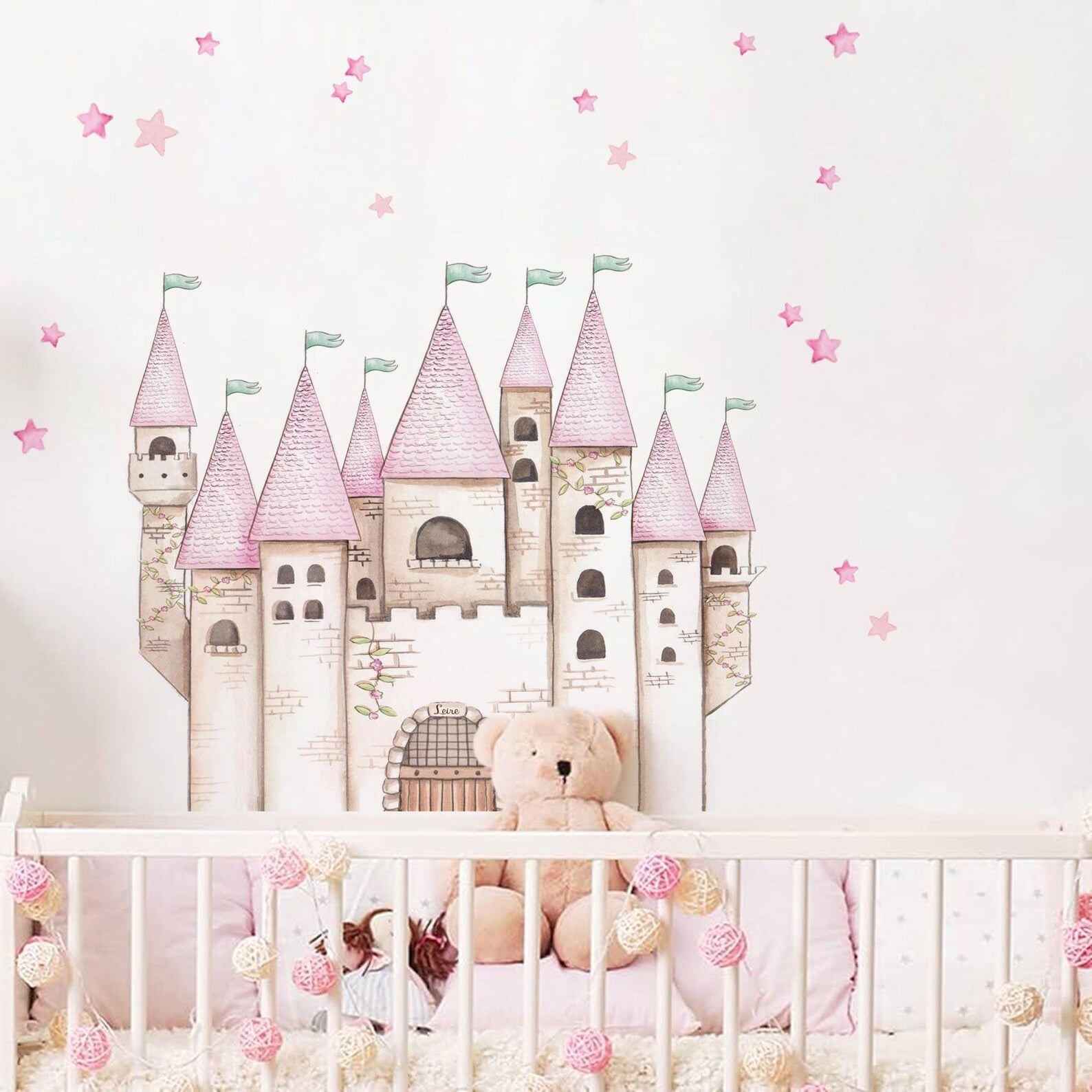 Vinilos decorativos Adhesivos infantiles de Pared princesas castillo con estrellas rosado