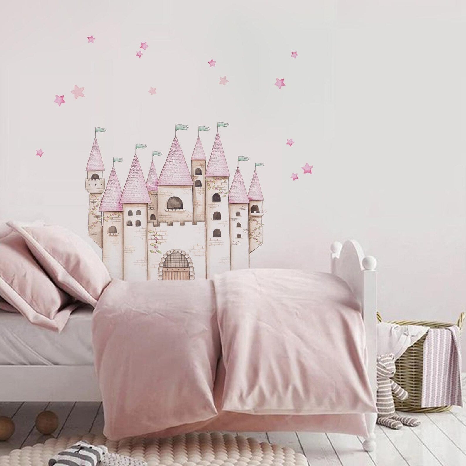 Vinilos decorativos Adhesivos infantiles de Pared princesas castillo con estrellas rosado