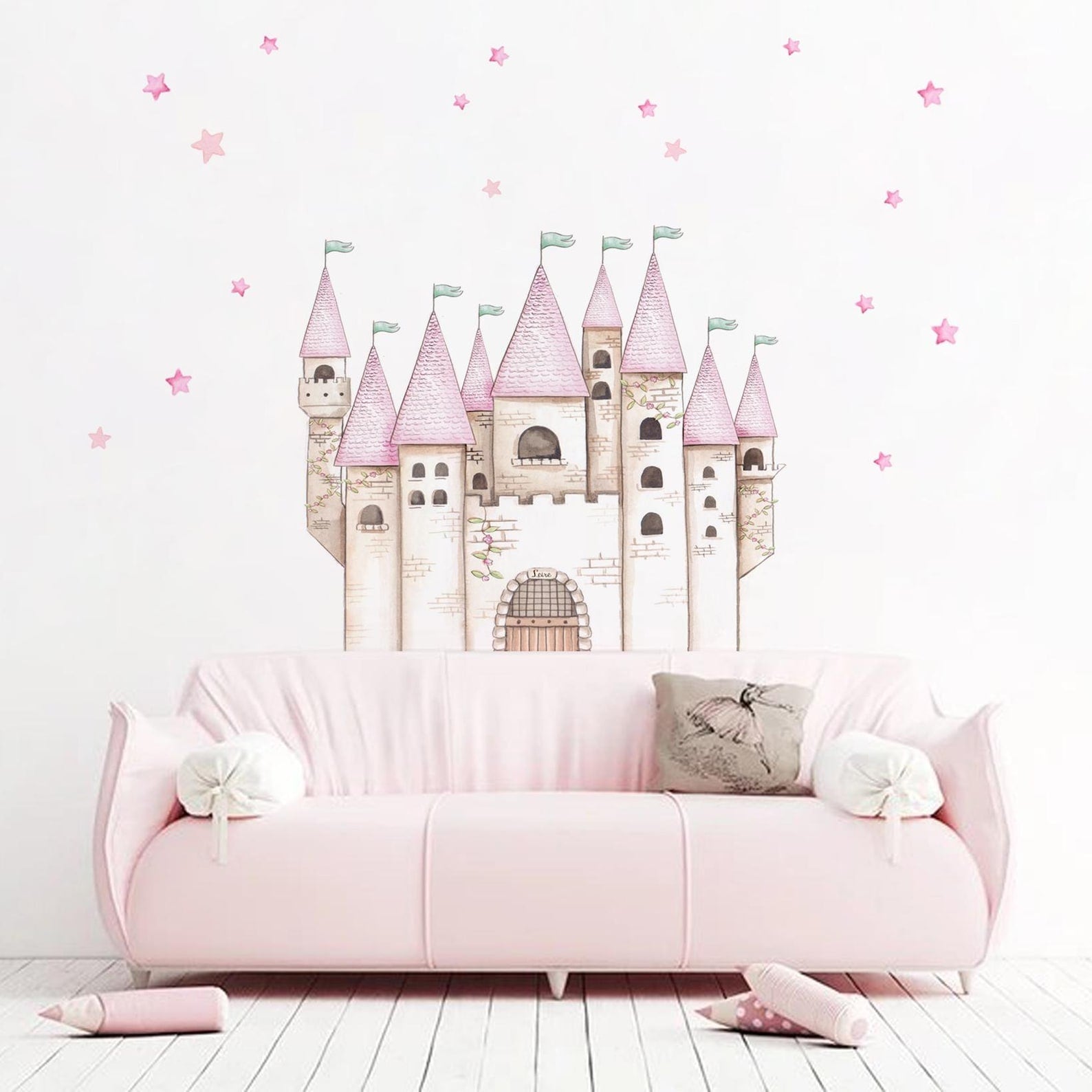 Vinilos decorativos Adhesivos infantiles de Pared princesas castillo con estrellas rosado