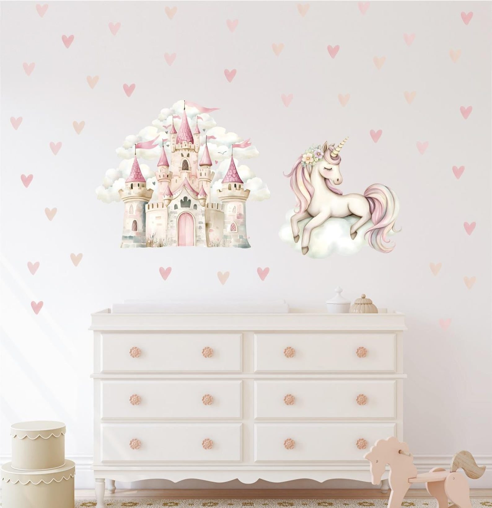 Vinilos decorativos Adhesivos infantiles de Pared princesas castillo con corazones y unicornio