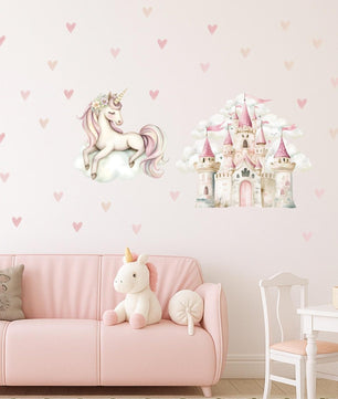 Vinilos decorativos Adhesivos infantiles de Pared princesas castillo con corazones y unicornio