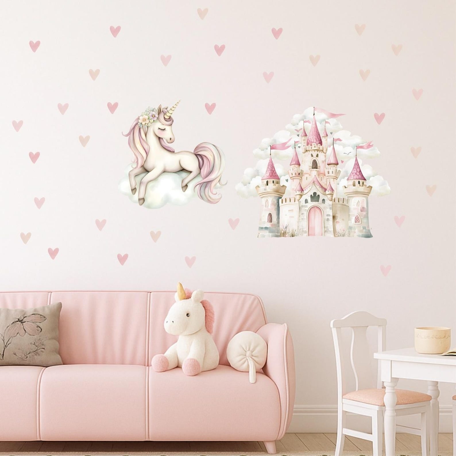 Vinilos decorativos Adhesivos infantiles de Pared princesas castillo con corazones y unicornio