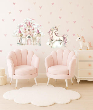 Vinilos decorativos Adhesivos infantiles de Pared princesas castillo con corazones y unicornio