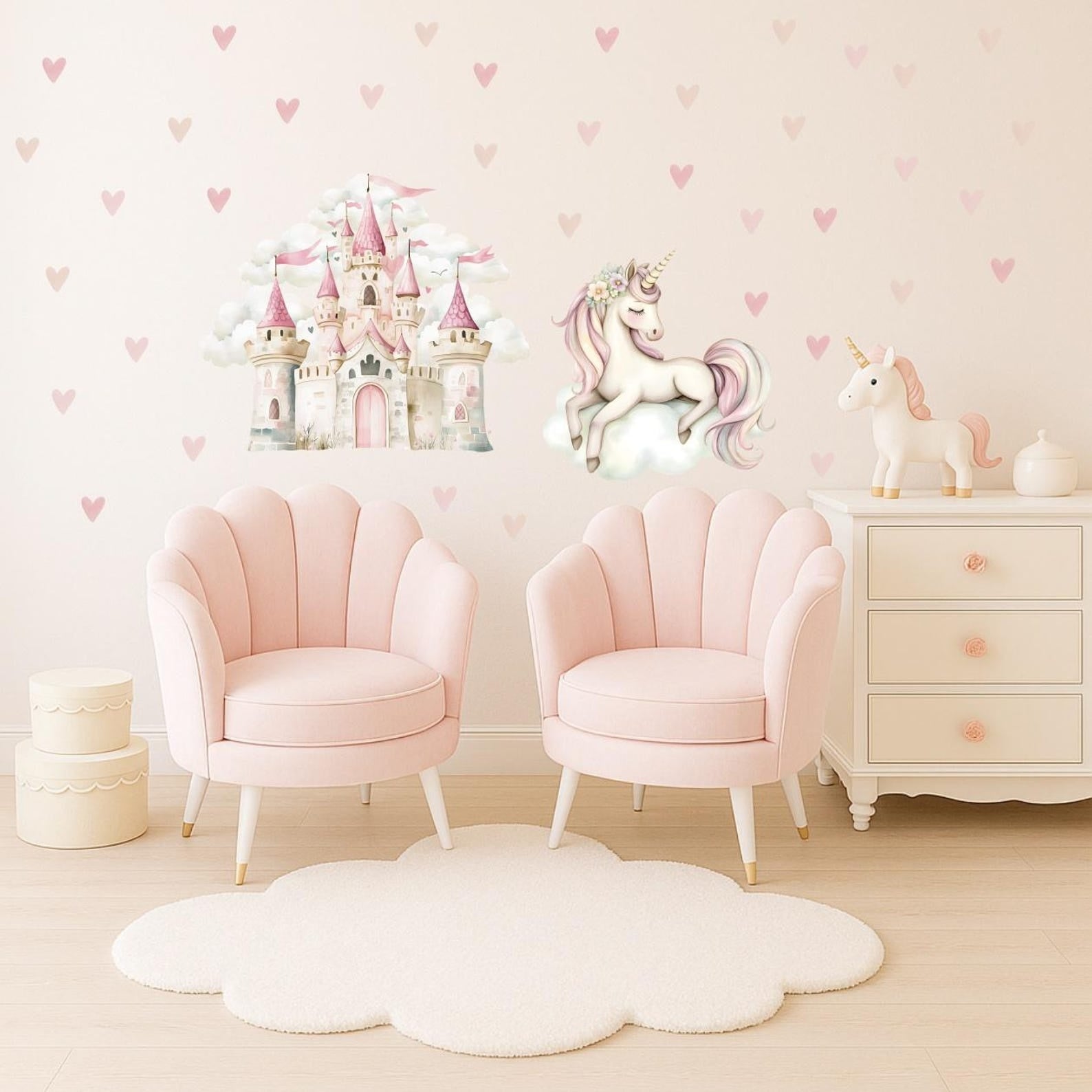 Vinilos decorativos Adhesivos infantiles de Pared princesas castillo con corazones y unicornio