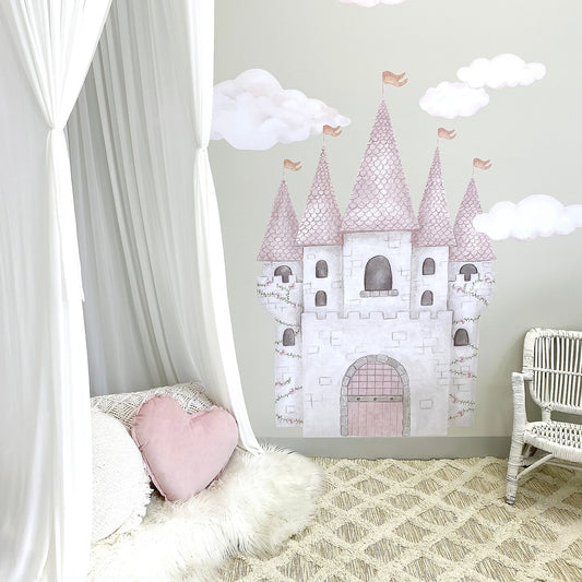 Vinilos decorativos Adhesivos infantiles de Pared princesas castillo con nubes y banderas