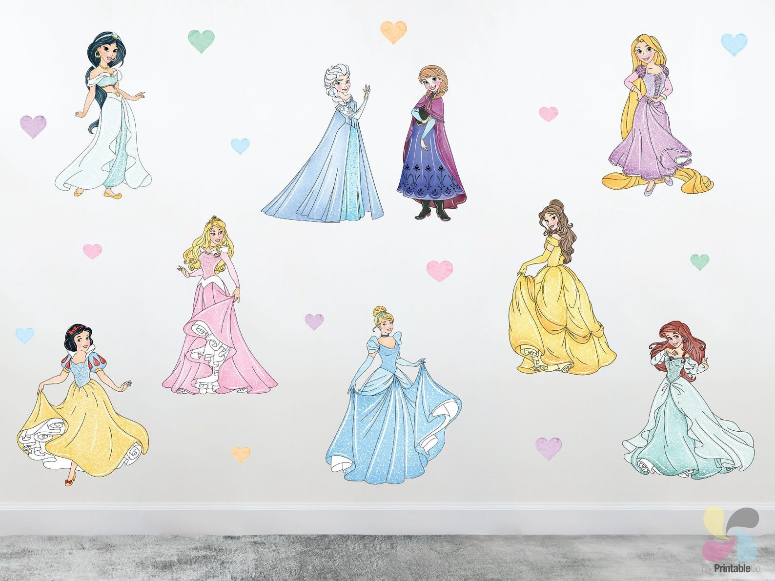 Vinilos decorativos Adhesivos infantiles de Pared princesas acuarela con corazones