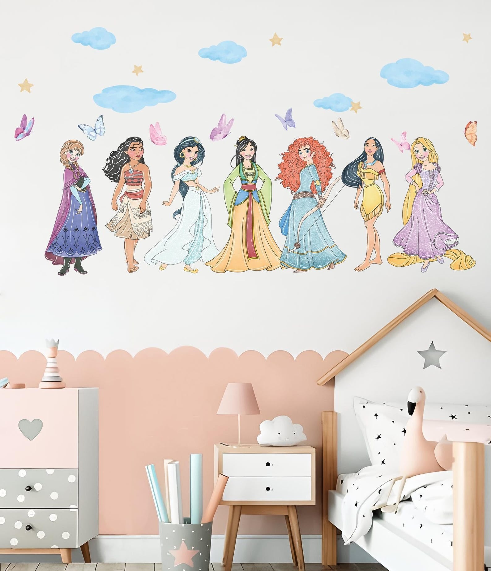 Vinilos decorativos Adhesivos infantiles de Pared princesas nubes y mariposas
