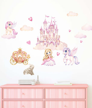Vinilos decorativos Adhesivos infantiles de Pared princesas con castillo y unicornio ilustracion