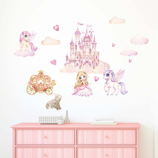 Vinilos decorativos Adhesivos infantiles de Pared princesas con castillo y unicornio ilustracion