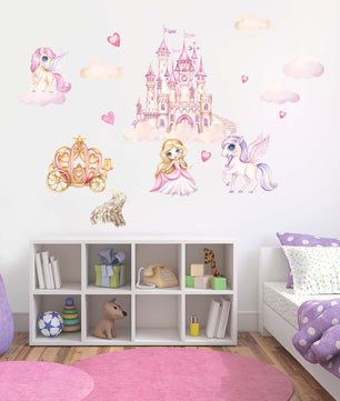 Vinilos decorativos Adhesivos infantiles de Pared princesas con castillo y unicornio ilustracion