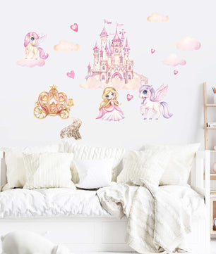 Vinilos decorativos Adhesivos infantiles de Pared princesas con castillo y unicornio ilustracion