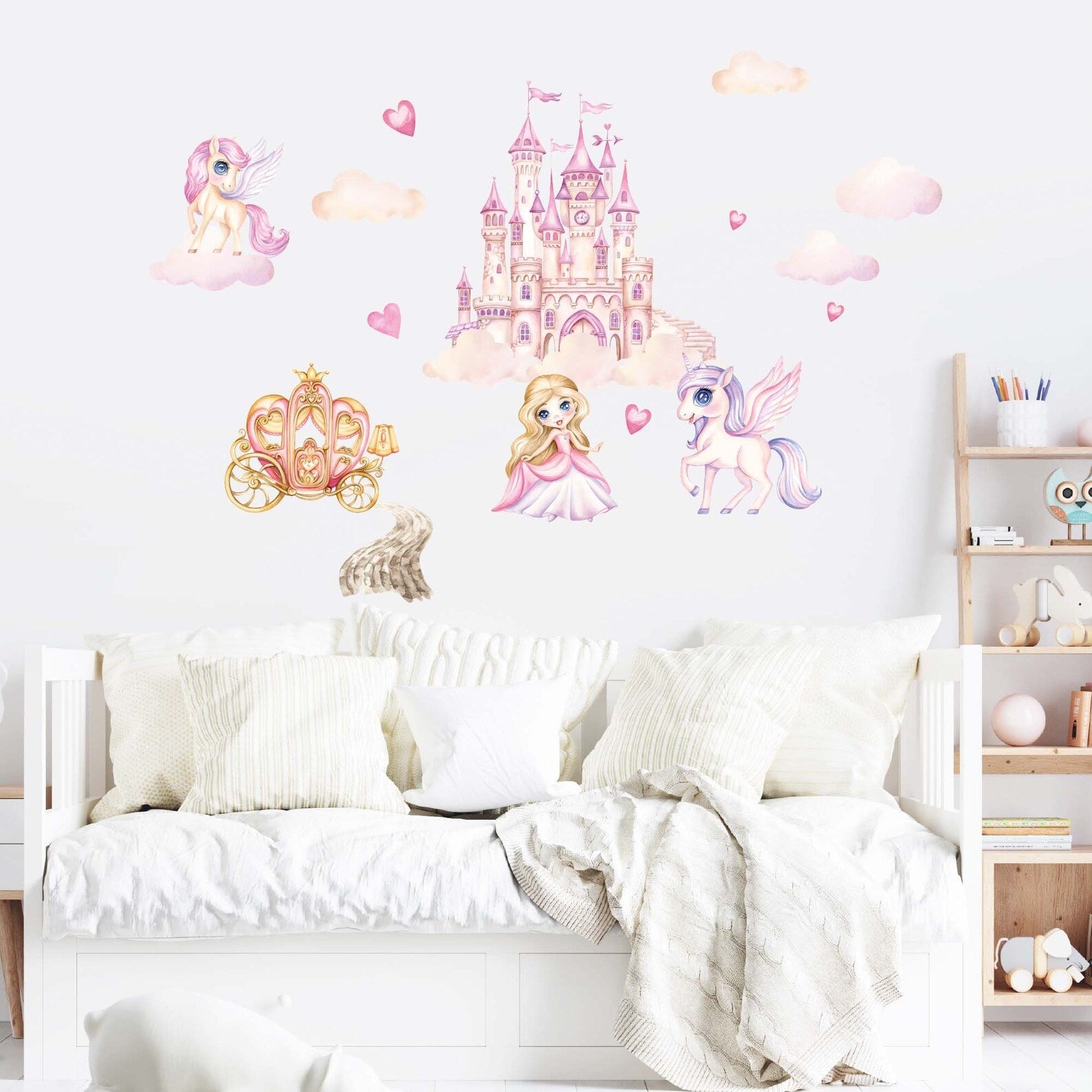 Vinilos decorativos Adhesivos infantiles de Pared princesas con castillo y unicornio ilustracion