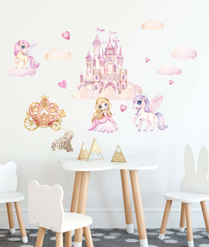Vinilos decorativos Adhesivos infantiles de Pared princesas con castillo y unicornio ilustracion