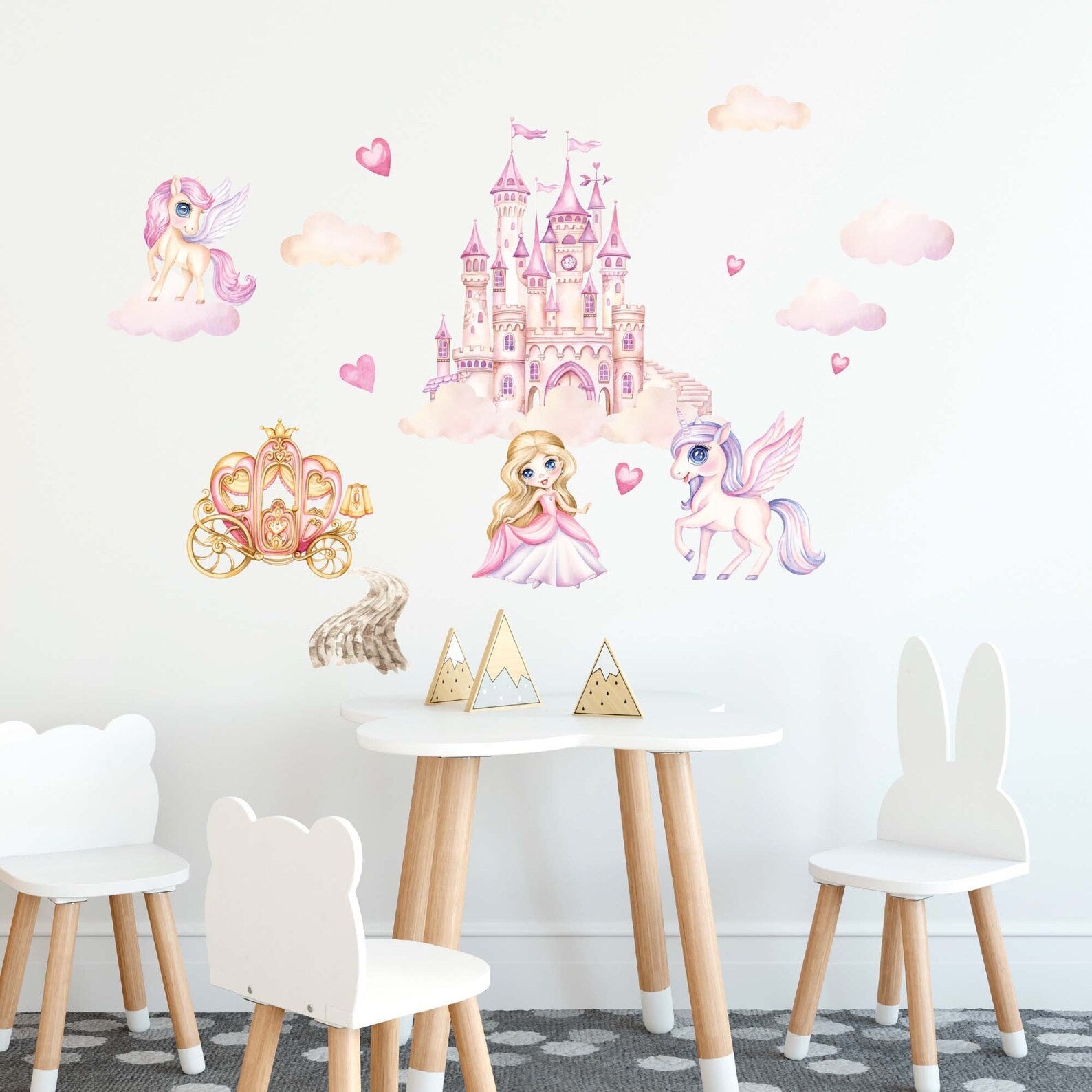 Vinilos decorativos Adhesivos infantiles de Pared princesas con castillo y unicornio ilustracion