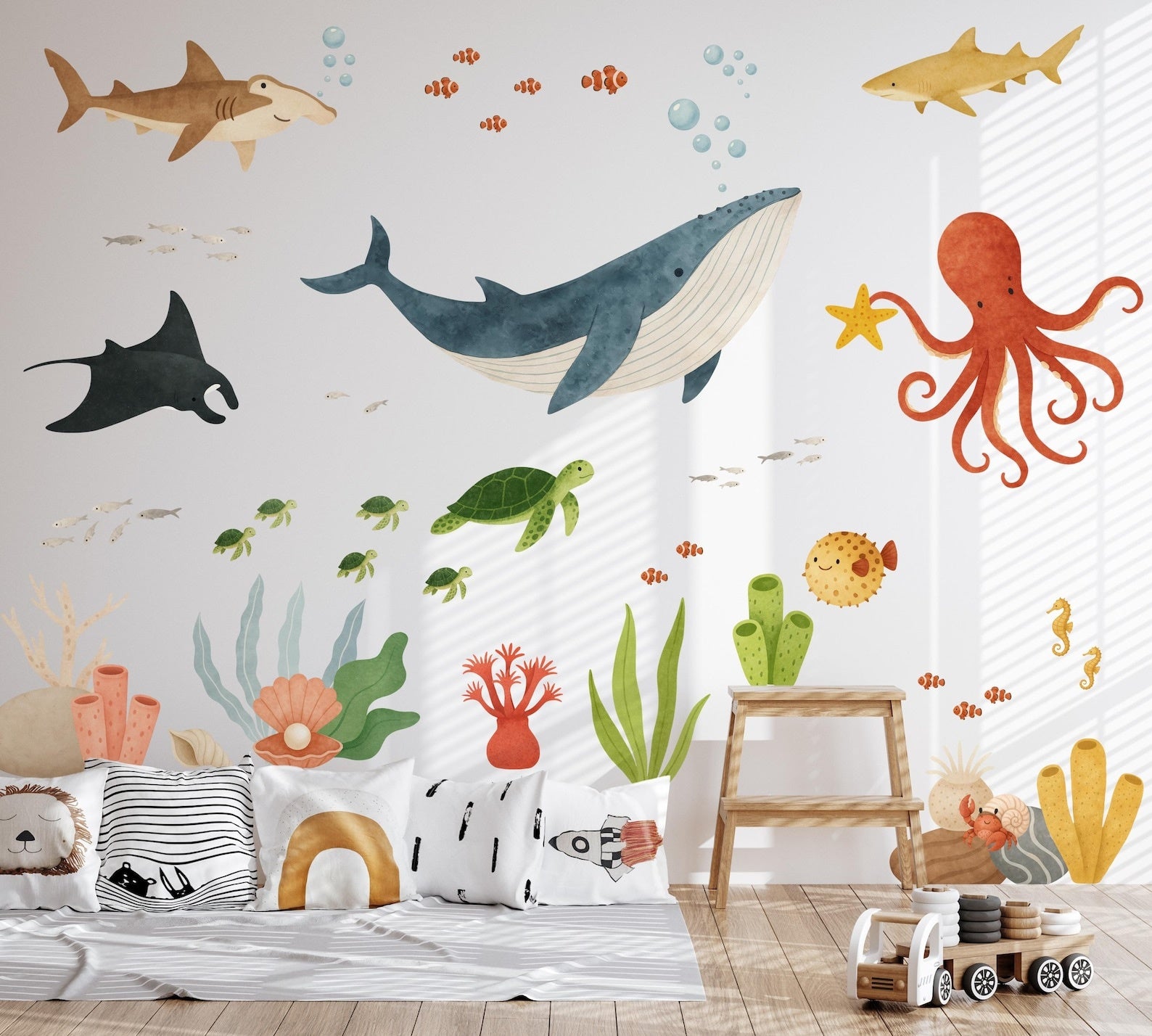 Vinilos decorativos Adhesivos infantiles de Pared animales de mar acuarela