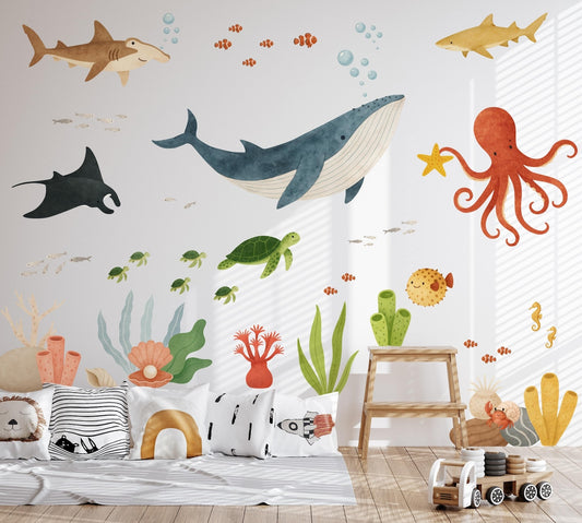 Vinilos decorativos Adhesivos infantiles de Pared animales de mar acuarela