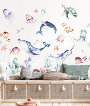 Vinilos decorativos Adhesivos infantiles de Pared animales marinos acuarelados coloridos