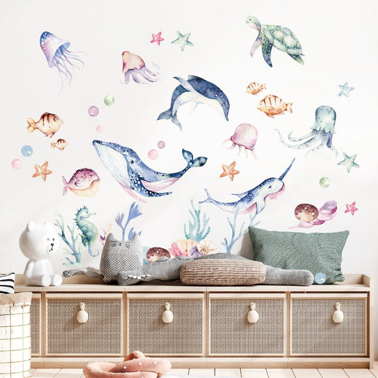 Vinilos decorativos Adhesivos infantiles de Pared animales marinos acuarelados coloridos