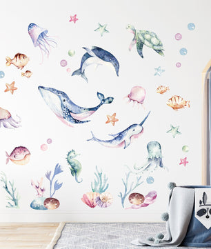 Vinilos decorativos Adhesivos infantiles de Pared animales marinos acuarelados coloridos
