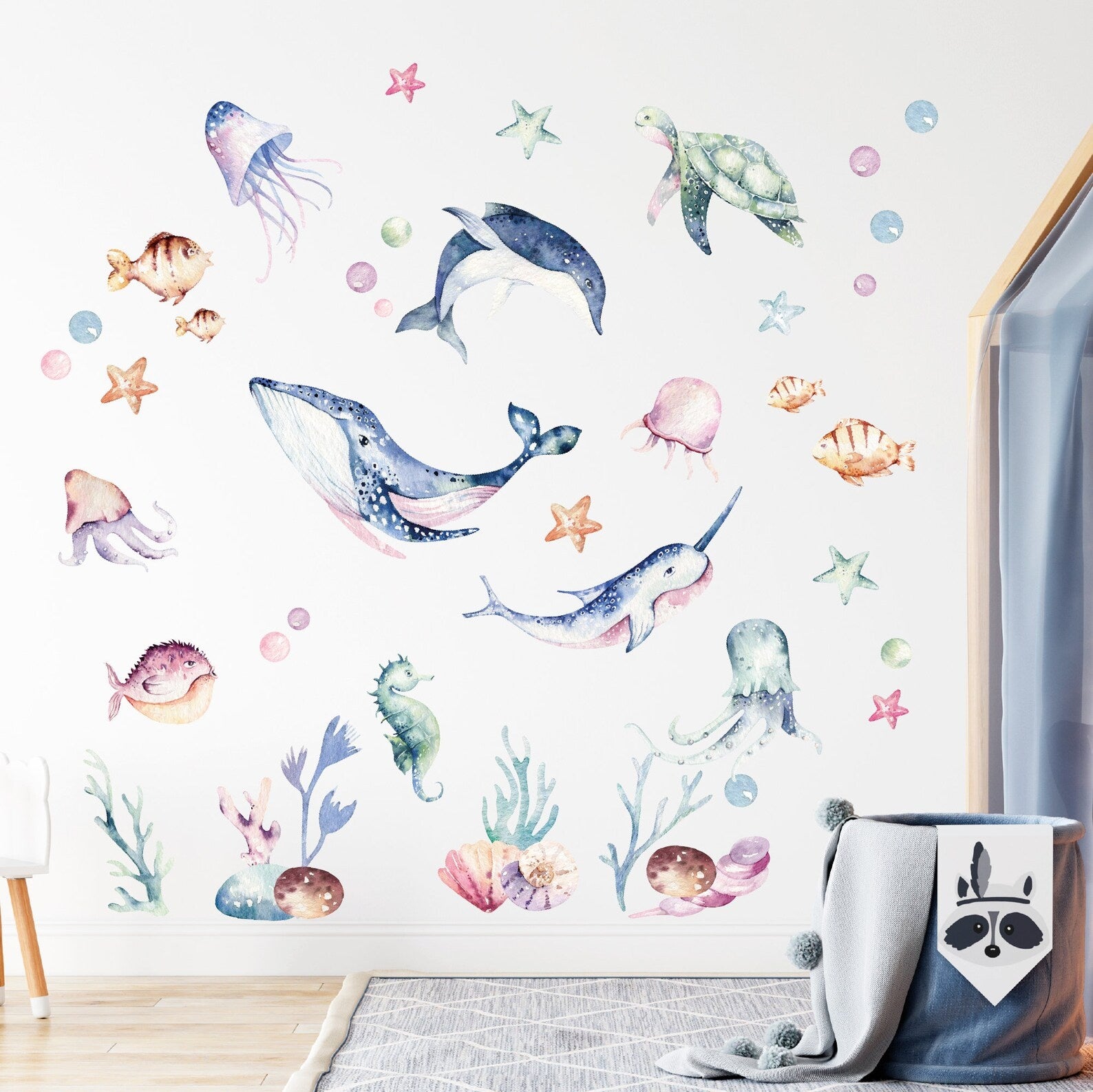 Vinilos decorativos Adhesivos infantiles de Pared animales marinos acuarelados coloridos