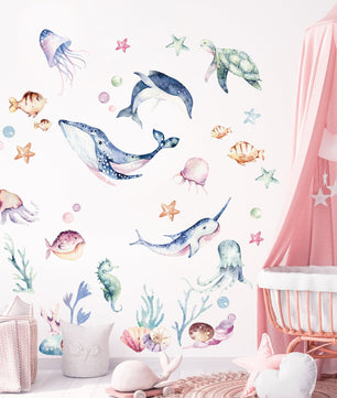 Vinilos decorativos Adhesivos infantiles de Pared animales marinos acuarelados coloridos